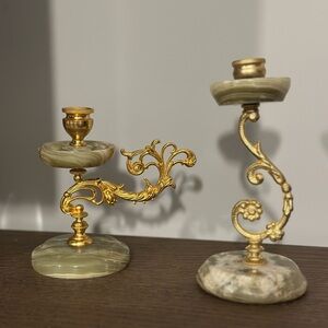 Vintage EXIMCO Greece Genuine Green Onyx & Brass Candlesticks